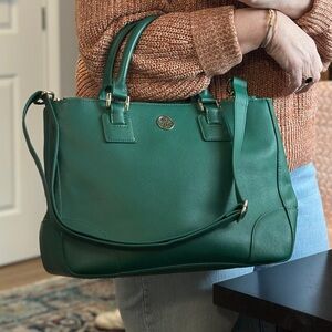 Tory Burch Green Leather Large Robinson Double Zip Tote